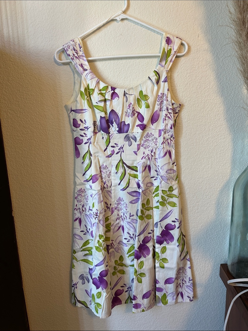 London Times White Dress with Purple & Green Floral Print